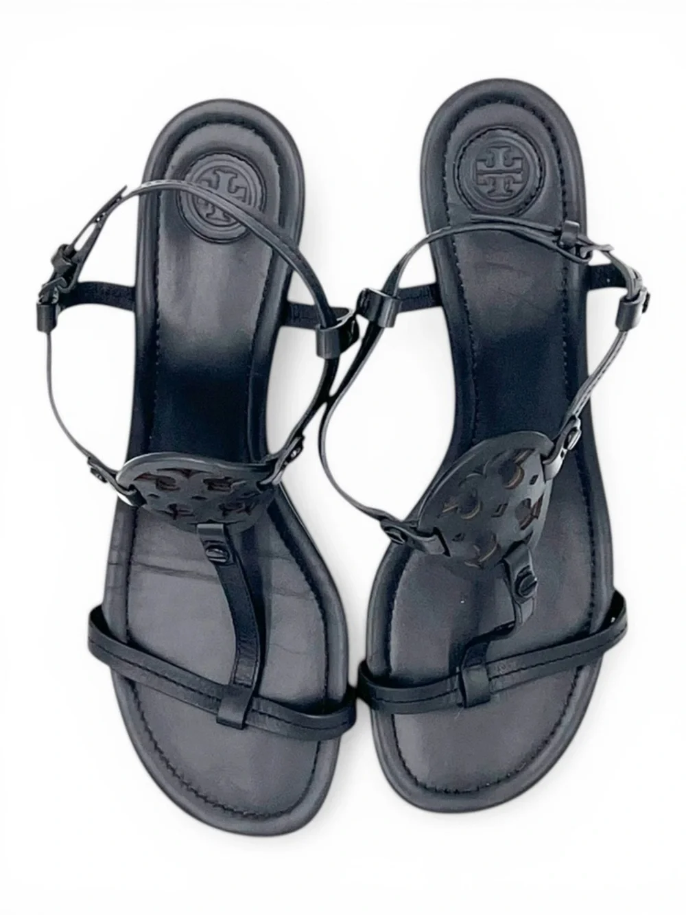Tory Burch Miller Wedge Sandals Perfect Black Leather Logo T Strap Size 8